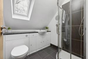 a bathroom with a toilet and a sink and a shower at Beautiful Country Apartment, rated Exceptional in Coventry