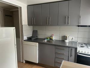 a small kitchen with a sink and a stove at Small house in Vilnius