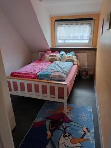 a small bedroom with a bed with a disney cartoon on it at Ferienwohnung Lohr`s Ruh in Hemfurth-Edersee