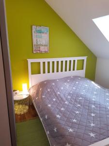 ein Schlafzimmer mit einem Bett und einer grünen Wand in der Unterkunft MEHS3E001 in Meeschendorf