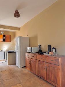 La cuisine est équipée d'un réfrigérateur blanc et de placards en bois. dans l'établissement Palmeira’s du Vento, à Cruz