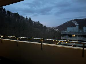 a view of a building with lights on a ledge at Panorama Apartment in Bad Harzburg