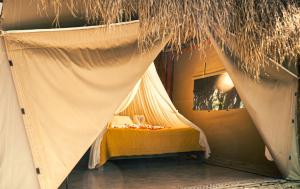 a bedroom with a bed with a mosquito net at Akumal Natura Glamping in Akumal