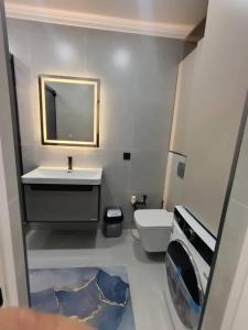 une salle de bain avec un lavabo, des toilettes et un miroir dans l'établissement Soonun elit, à Bishkek
