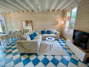 a living room with a couch and a tv at St THOMAS in La Teste-de-Buch