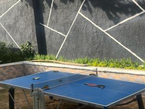 une table de ping-pong avec deux raquettes de tennis dessus dans l'établissement Private, Cozy, CityCentre Studio II, à Abuja