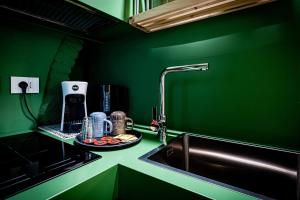 Una cocina con paredes verdes, un fregadero y una encimera. en Centro Storico - 5 minuti da Piazza Grande, en Arezzo 36 fotos más