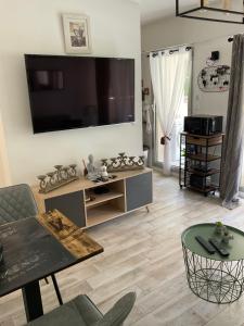 a living room with a flat screen tv on the wall at Studio coin nuit terrasse parking Clim in Nice +5 photos