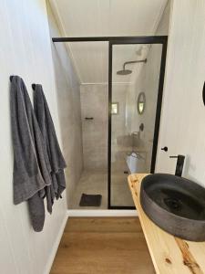 ein Badezimmer mit Waschbecken und Glasdusche in der Unterkunft Fish Eagle River Camp in Vosburg