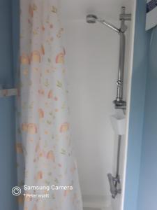 a shower in a bathroom with a shower curtain at Gina's Static caravan,118 Sandsgate in Hemsby