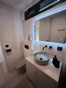 a bathroom with a sink and a toilet and a mirror at Exclusive Wellness House with Jacuzzi and Sauna, 10 Gardens in Privlaka +27 photos