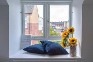 a window with two pillows and a vase with sunflowers on it at Amica Guesthouse in Belfast