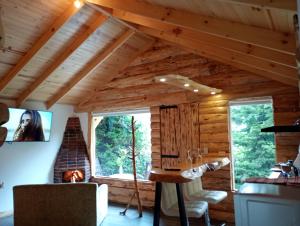 拉卡莱拉Chalet el Pinar的小木屋内带壁炉的客厅