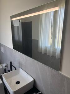 a bathroom with a white sink and a mirror at tecnopolo aparthotel in Bologna