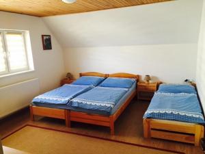1 dormitorio con 2 camas y ventana en Apartment U Anděla, en Dlouhá Ves