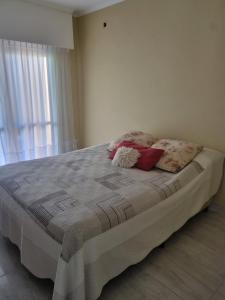 een slaapkamer met een bed met kussens en een raam bij Céntrico espacio en CS in Coronel Suárez