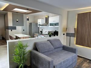 アグアスカリエンテスにあるDepartamento cómodo, moderno y funcional excelente ubicaciónのソファとキッチンのあるリビングルーム