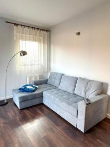a living room with a gray couch in a room at Taras Słoneczny in Kielce