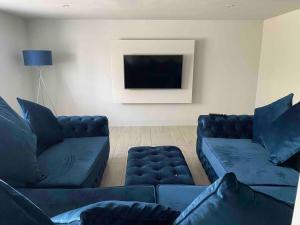 a living room with two blue couches and a tv at The Old Workshop in Innerwick