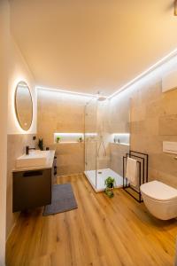 a bathroom with a toilet and a sink and a shower at P-Hosting Modernes Apartment zwischen Ravensburg und dem Altdörferwald, 110qm, Familienfreundlich, Separater Eingang, Kaffeevollautomat, Bäcker und Pizzeria 15 Meter, Spielplatz 50 Meter, 20 Km zum Bodensee, 30Km in die Berge in Schlier