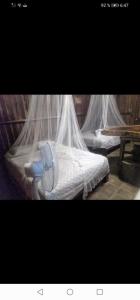un letto con zanzariere sopra. di Cabaña la envidia a Santa María Huatulco
