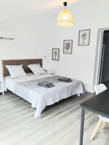 a white bedroom with a bed and a table at House with 5 bedrooms and HOT TUB in Saint Cyprien Plage +59 photos