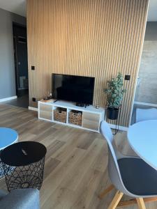 Televízia a/alebo spoločenská miestnosť v ubytovaní AL-DOM apartamenty Kniewskiego 11 Kolobrzeg