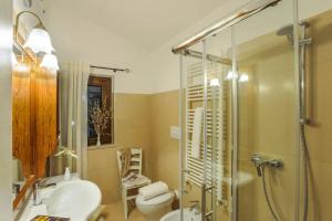 a bathroom with a shower and a toilet and a sink at Acquanera 6&2 by Marche Holiday Villas in Piobbico +12 photos