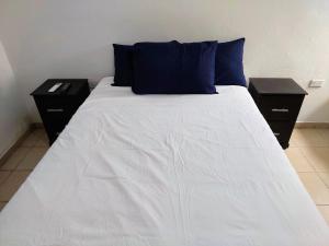 1 cama con almohadas azules y 2 mesitas de noche en Cómodo departamento 2 cerca del centro de gobierno , CAS, Consulado , CRIT, en Hermosillo 10 fotos más