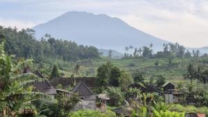 a village in the mountains with a mountain in the background at Pondok Satu Hati Sidemen in Sidemen