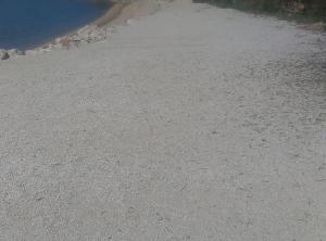 a sandy beach with rocks and a body of water at Apartments Lana in Zadar