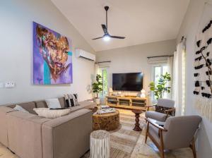 un soggiorno con divano e TV a schermo piatto di Modern 6 Br Villa With Hot Tub a Sosúa