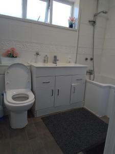 a bathroom with a toilet and a sink and a tub at Bridgewoods in Chatham +28 photos