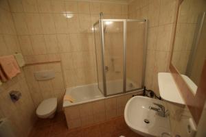 ゼルデンにあるFerienhof Sonnscheinのシャワー、トイレ、洗面台を備えたバスルーム +14枚の写真