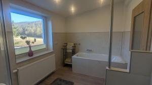 a bathroom with a bath tub and a window at Haus Landlust - OG in Edersee +25 photos