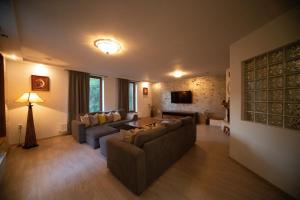 a living room with two couches and a table at Pensiunea Rezkakas in Balvanyos