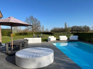 a swimming pool with a table and an umbrella at Maison mystique in Staden