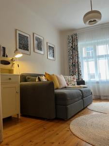 ein Wohnzimmer mit einer Couch und einem Fenster in der Unterkunft Alte Backstube in Waidhofen an der Thaya