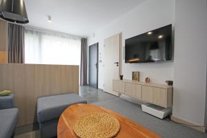 a living room with a couch and a table and a tv at Fox Hrabovo Apartment, Malino Brdo, Bike & Ski in Ružomberok