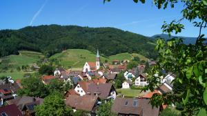 a village with houses and a church on a hill at Hotel Schwarzenbergs Traube in Glottertal