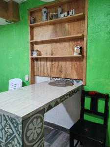 einen Tisch in einem Zimmer mit einer grünen Wand in der Unterkunft Beautiful apartment near the Guadalupe walkway in San Cristóbal de las Casas + 49 Fotos