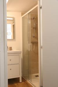 a bathroom with a glass shower and a sink at Grand appartement lumineux à 20 minutes de Bordeaux - Le Clos Montichamp in Camblanes-et-Meynac