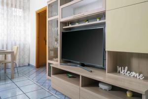 a living room with a television on a wooden entertainment center at I Tre Delfini apartment in center-Sorrento Coast in Vico Equense