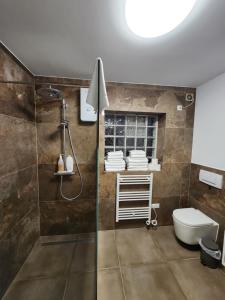 un baño con ducha y WC en FeWo Moon am Europapark Zentrum Rust, en Rust 13 fotos más
