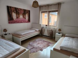 Un dormitorio con dos camas y una ventana. en FeWo Moon am Europapark Zentrum Rust, en Rust
