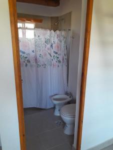 Un baño con inodoro y cortina de ducha. en Turismo Aparts Cabaña 7, en Villa Giardino 26 fotos más