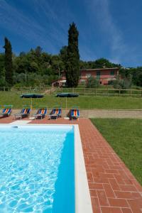 a swimming pool with lounge chairs and umbrellas at Podere Chiaromonte in Palaia
