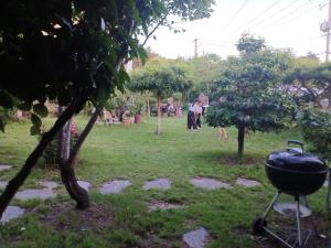 a grill in a garden with people in the background at Pohang Mimi House Pension in Pohang