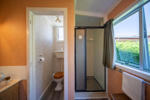 a bathroom with a shower and a toilet and a window at Mountain Serenity - Te Anau Holiday Home in Te Anau +21 photos