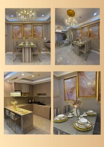 un collage de cuatro fotos de una cocina con una mesa en Gramercy Residences Holiday Luxury, en Manila